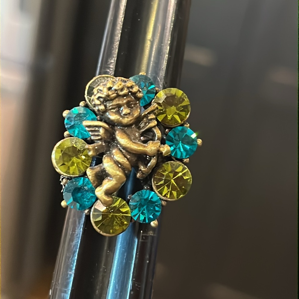 Cherub Ring with Adjustable Band. Green & Blue Rhinestones on a copper setting - Picture 7 of 8